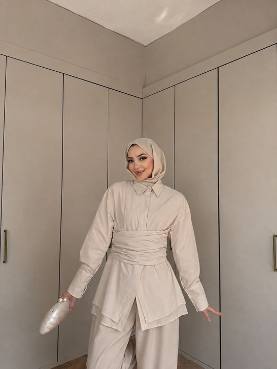 HR-2870H&R ButikQus- Eline Bel Bağlamalı Gömlek Bej