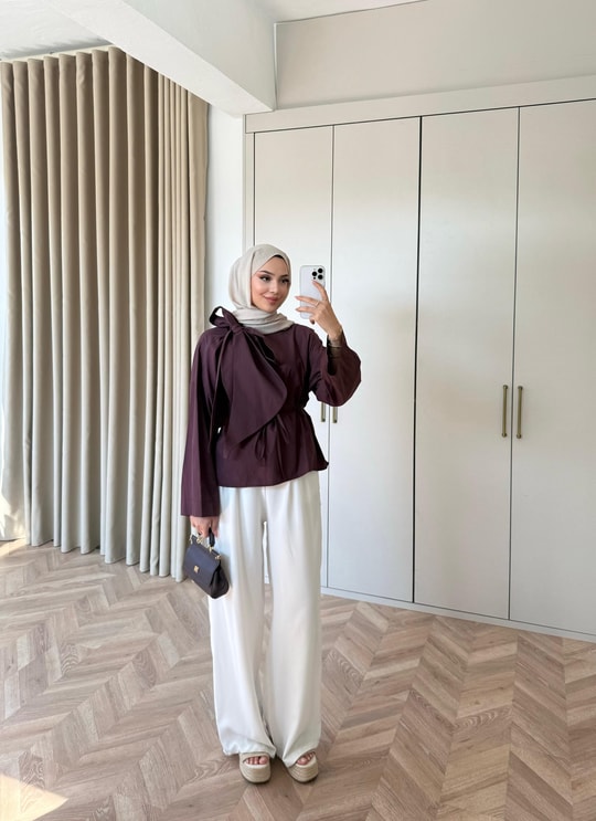HR-2755H&R ButikTB - Riya Yan Bağlamalı Gömlek Mürdüm