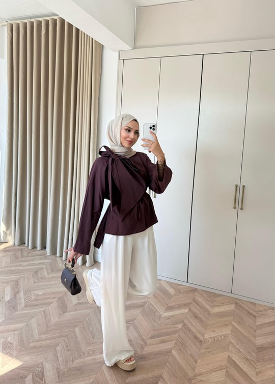 HR-2755H&R ButikTB - Riya Yan Bağlamalı Gömlek Mürdüm