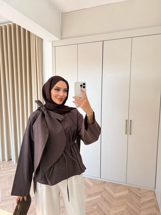 HR-2755H&R ButikTB - Riya Yan Bağlamalı Gömlek Acı Kahve