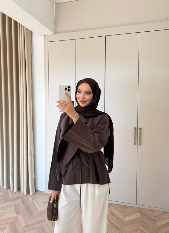 HR-2755H&R ButikTB - Riya Yan Bağlamalı Gömlek Acı Kahve