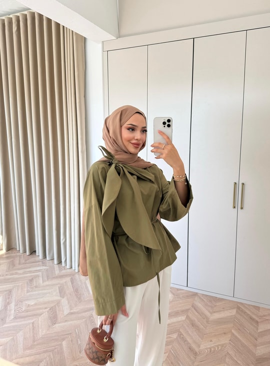 HR-2755H&R ButikTB - Riya Yan Bağlamalı Gömlek Haki