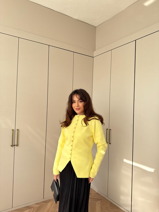 HIRKA-102H&R ButikDüğmeli Gold Çelik Örme Hırka Sarı