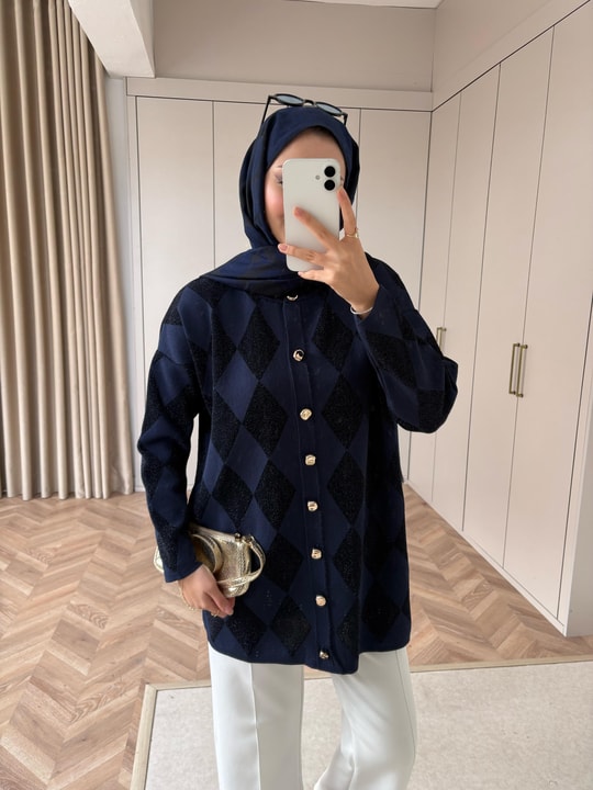 HRK-008H&R ButikElant Simli Gold Düğmeli Hırka Lacivert