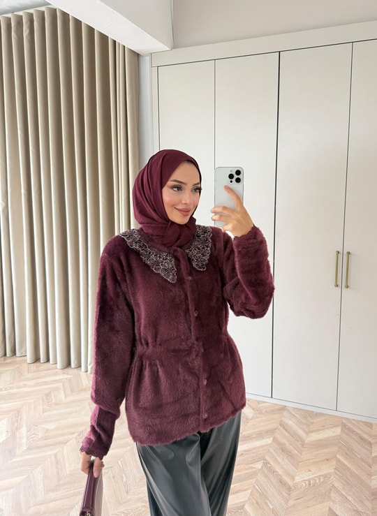 HR-3393H&R ButikHat- Sakallı Midi Hırka Bordo