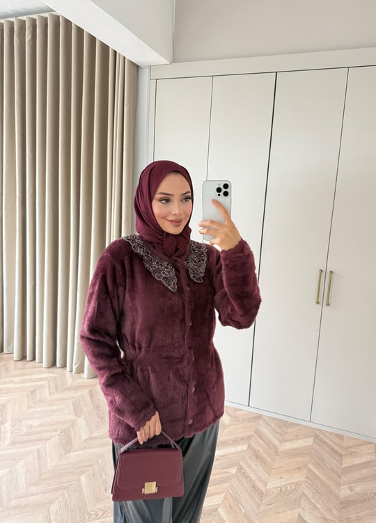 HR-3393H&R ButikHat- Sakallı Midi Hırka Bordo