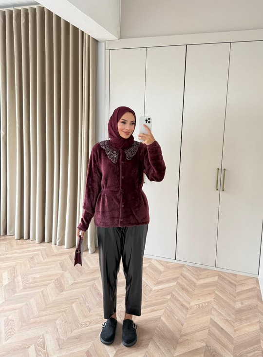 HR-3393H&R ButikHat- Sakallı Midi Hırka Bordo