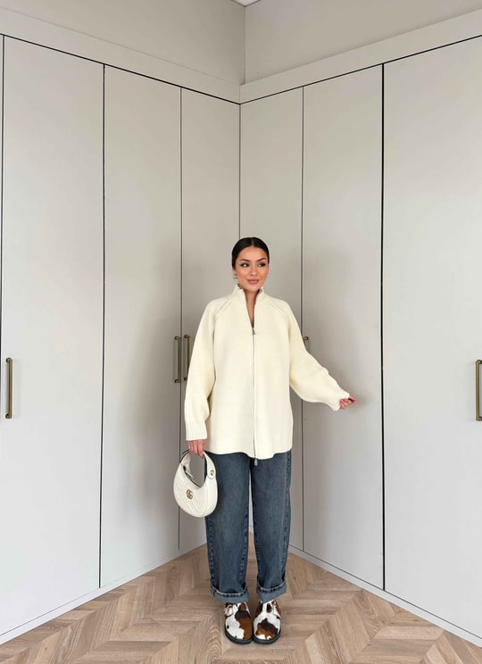 HR-3312H&R ButikMB - Esla Fermuarlı Triko Hırka Ekru