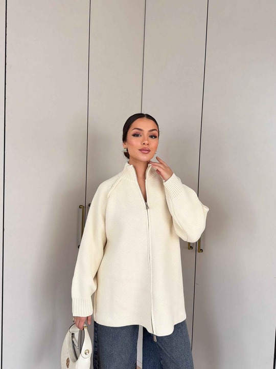HR-3312H&R ButikMB - Esla Fermuarlı Triko Hırka Ekru
