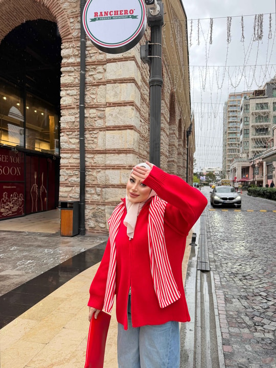 HR-3312H&R ButikMB - Esla Fermuarlı Triko Hırka Kırmızı
