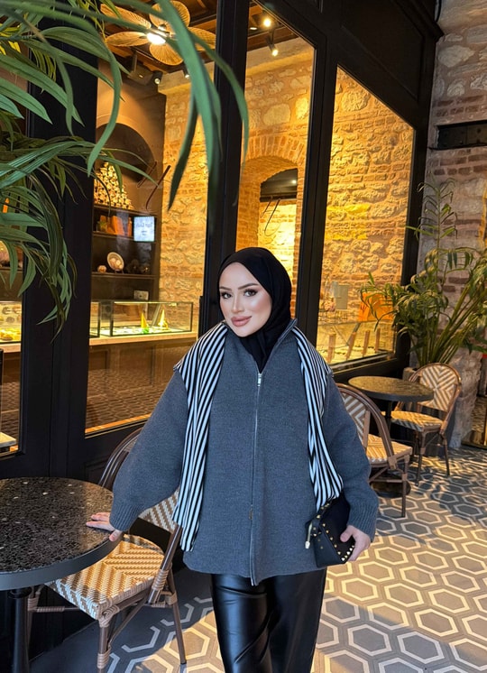 HR-3312H&R ButikMB - Esla Fermuarlı Triko Hırka Antrasit