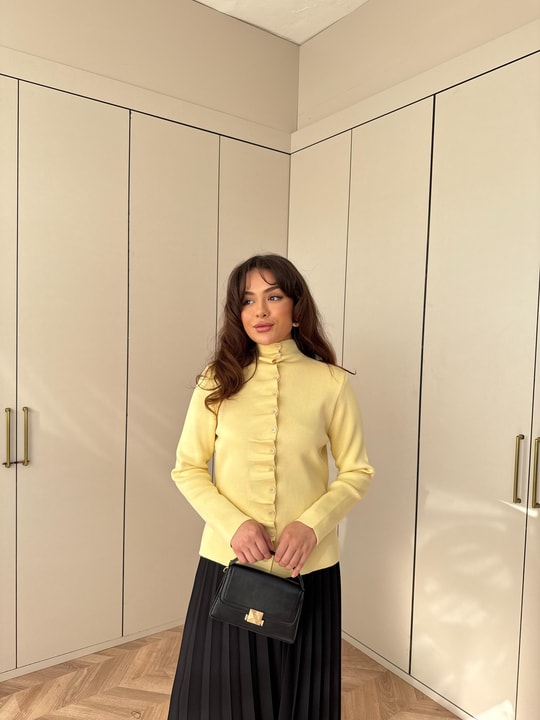HIRKA-109H&R ButikÖn Büzgü Düğmeli Çelik Örme Hırka Sarı