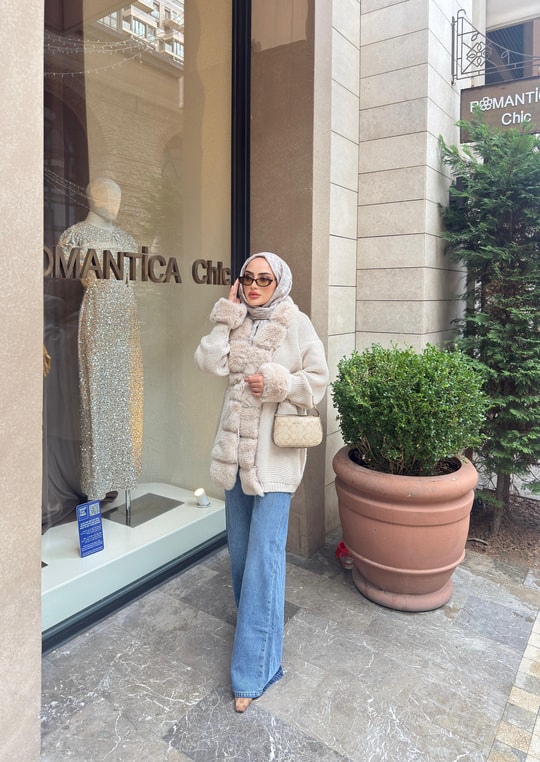 HIRKA-99H&R ButikPera Kürk Detaylı Hırka Bej