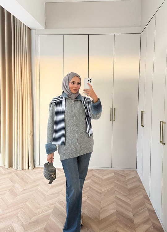 HR-3293H&R ButikQu- Keza Kot Detaylı Triko Hırka Gri