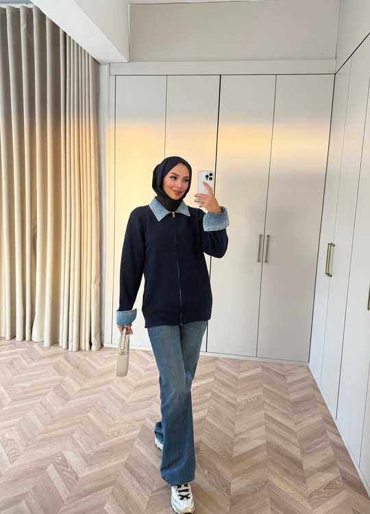HR-3293H&R ButikQu- Keza Kot Detaylı Triko Hırka Lacivert