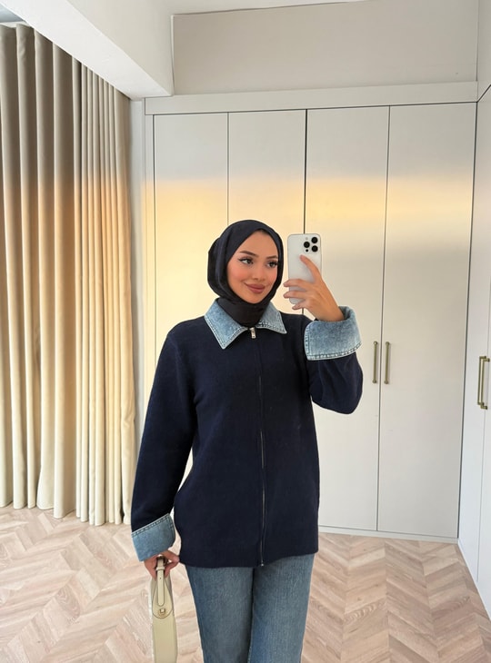 HR-3293H&R ButikQu- Keza Kot Detaylı Triko Hırka Lacivert