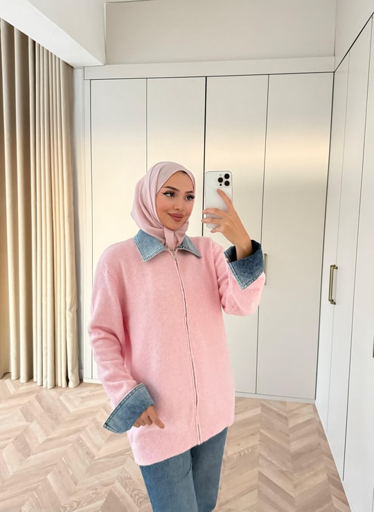 HR-3293H&R ButikQu- Keza Kot Detaylı Triko Hırka Pembe