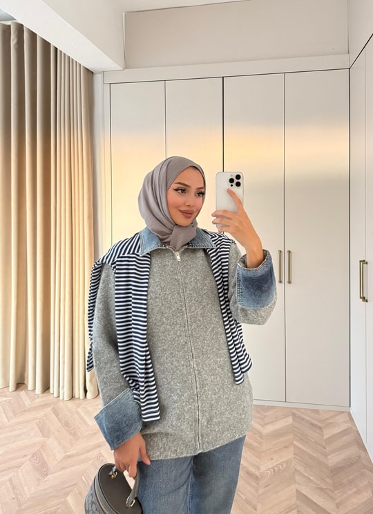 HR-3293H&R ButikQu- Keza Kot Detaylı Triko Hırka Gri