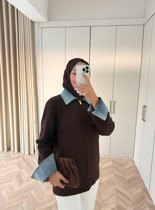 HR-3293H&R ButikQu- Keza Kot Detaylı Triko Hırka Acı Kahve