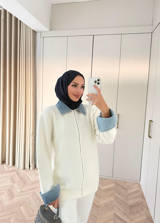 HR-3293H&R ButikQu- Keza Kot Detaylı Triko Hırka Beyaz