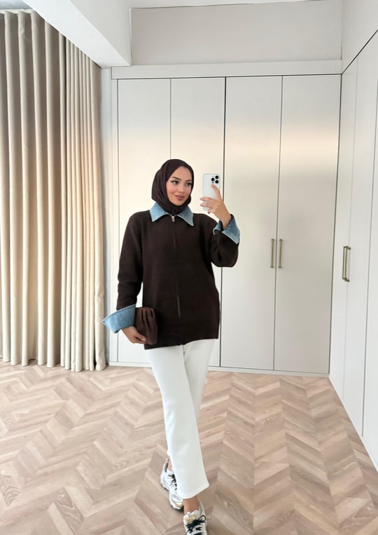 HR-3293H&R ButikQu- Keza Kot Detaylı Triko Hırka Acı Kahve