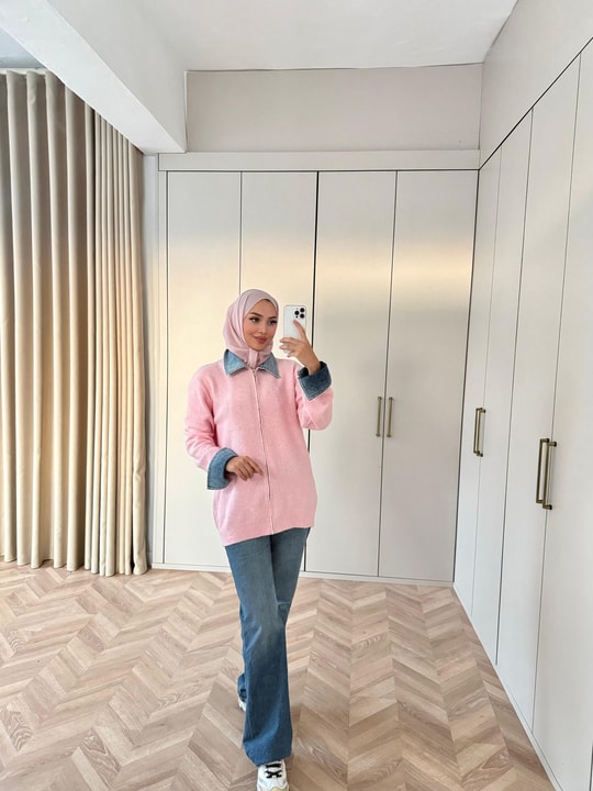 HR-3293H&R ButikQu- Keza Kot Detaylı Triko Hırka Pembe