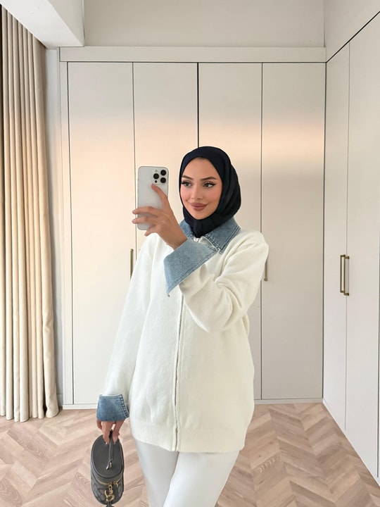 HR-3293H&R ButikQu- Keza Kot Detaylı Triko Hırka Beyaz