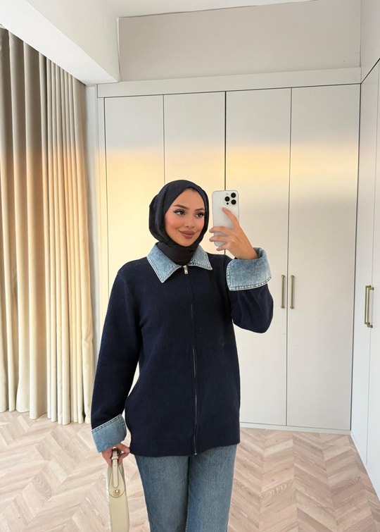 HR-3293H&R ButikQu- Keza Kot Detaylı Triko Hırka Lacivert