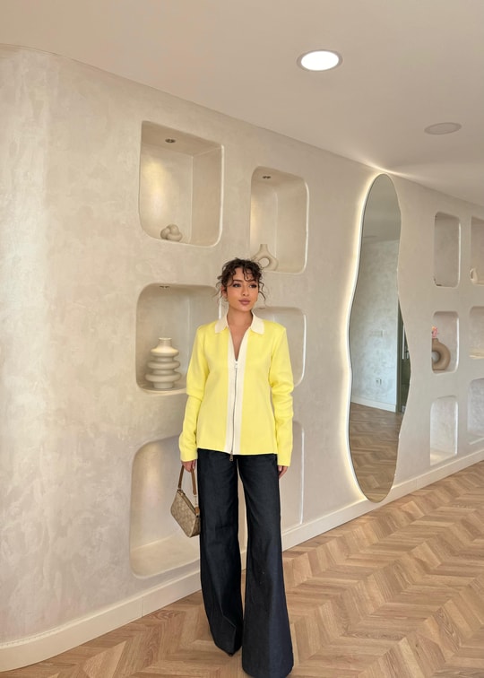 KAZK-573H&R ButikAda Ön Fermuarlı Çelik Örme Triko Sarı