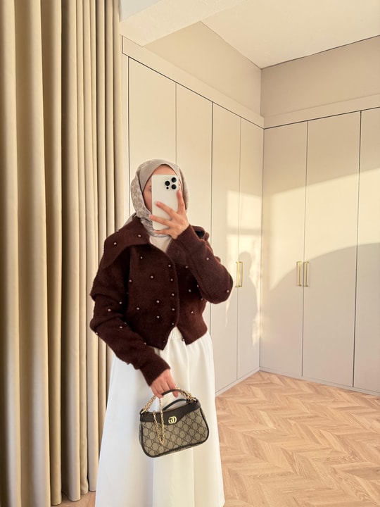 KAZK-639H&R ButikBoncuk Detaylı Mini Kazak Acı Kahve