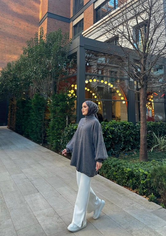 535H&R ButikFermuarlı Sweat Model Triko Kazak Gri