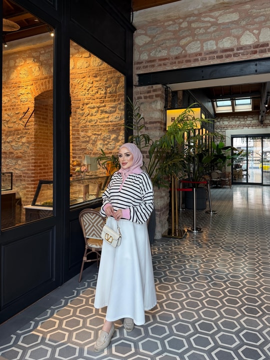 HR-3320H&R ButikHT- Çizgili Midi Triko Kazak Pembe Yaka