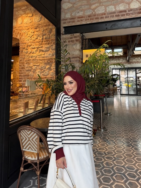 HR-3415H&R ButikHT- Çizgili Midi Triko Kazak Bordo Yaka