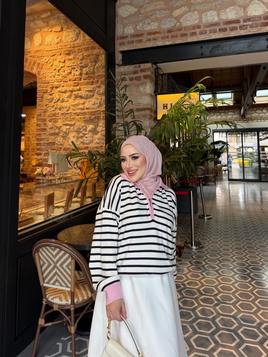 HR-3320H&R ButikHT- Çizgili Midi Triko Kazak Pembe Yaka
