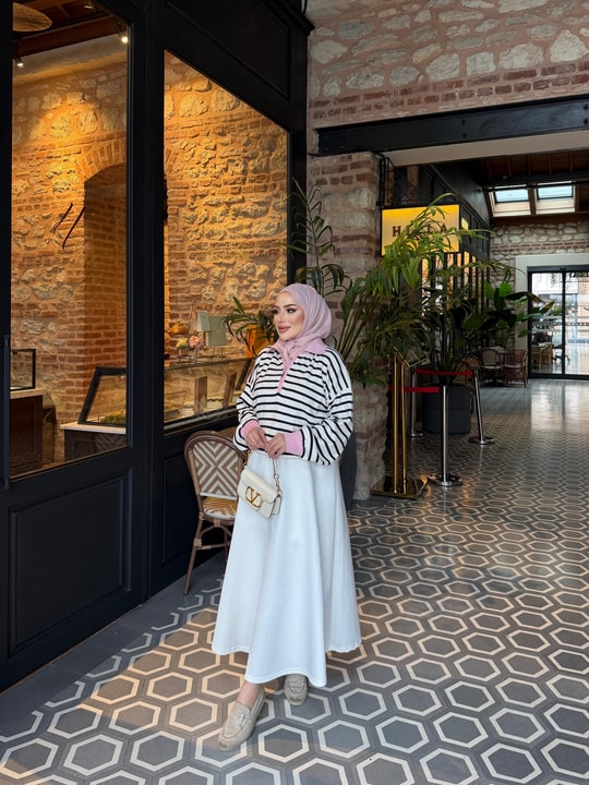 HR-3320H&R ButikHT- Çizgili Midi Triko Kazak Pembe Yaka