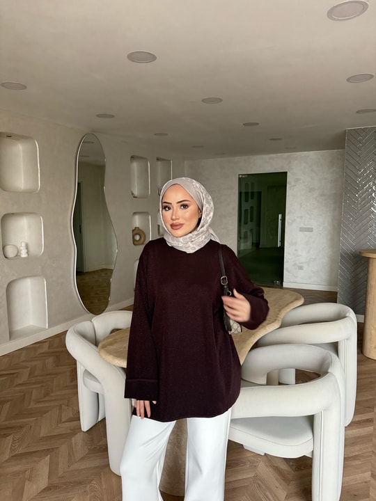 KAZK-663H&R ButikLea Simli Kolu Kıvırmalı Kazak Acı Kahve