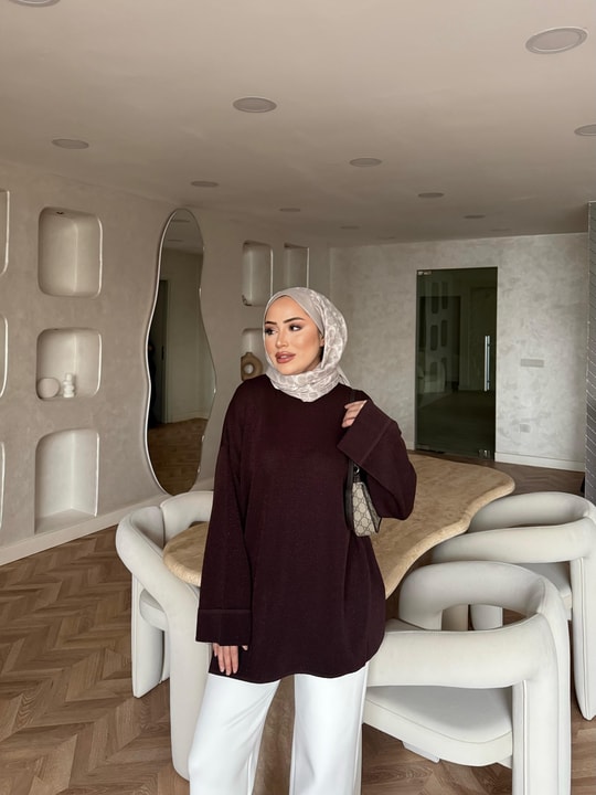 KAZK-663H&R ButikLea Simli Kolu Kıvırmalı Kazak Acı Kahve