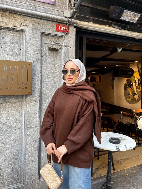 KAZK-566H&R ButikLeyal Atkı Detaylı Kazak Kahverengi