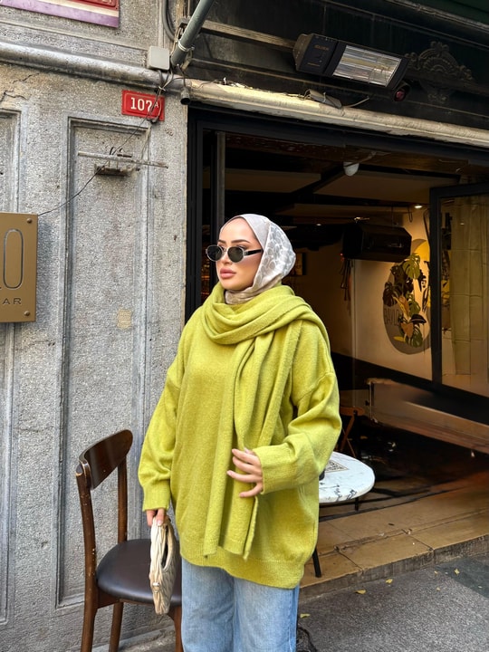 KAZK-566H&R ButikLeyal Atkı Detaylı Kazak Yağ Yeşili