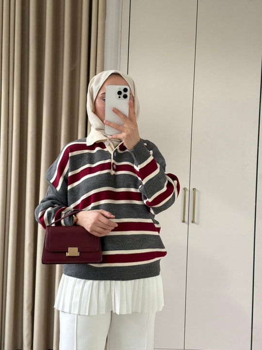 KAZK-623H&R ButikMaqa Çizgi Detaylı Triko Kazak Gri