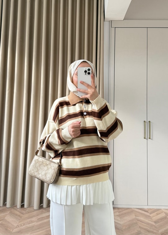 KAZK-621H&R ButikMaqa Çizgi Detaylı Triko Kazak Bej