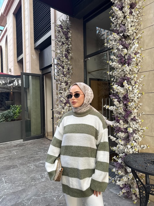 KAZK-597H&R ButikMB-Eco Çizgili Triko Kazak Yeşil