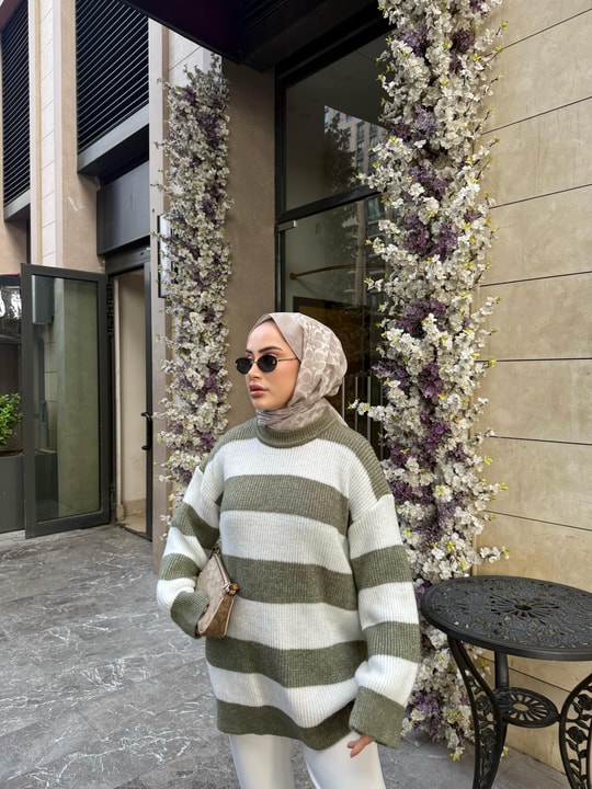 KAZK-597H&R ButikMB-Eco Çizgili Triko Kazak Yeşil