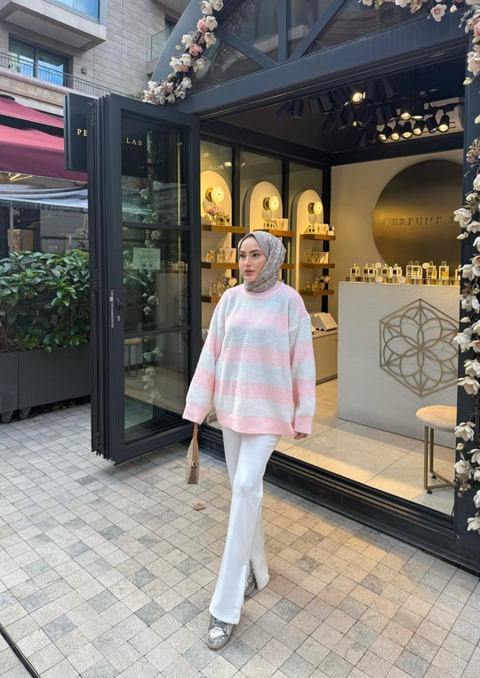KAZK-598H&R ButikMB-Eco Çizgili Triko Kazak Pembe