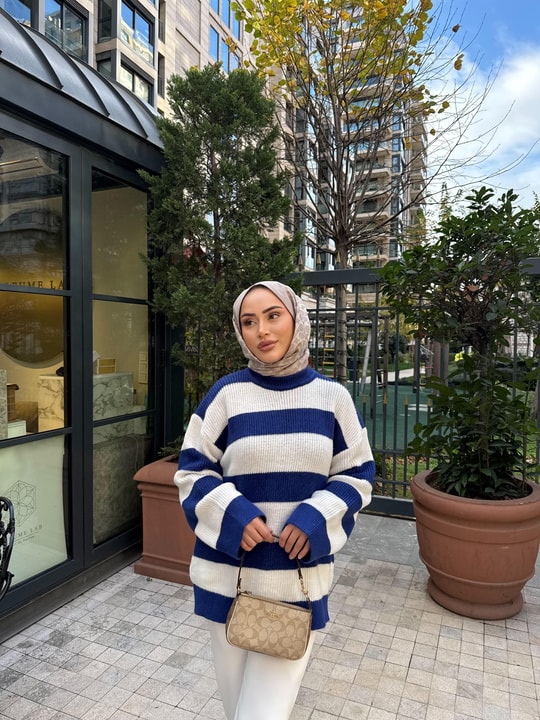 KAZK-599H&R ButikMB-Eco Çizgili Triko Kazak Lacivert
