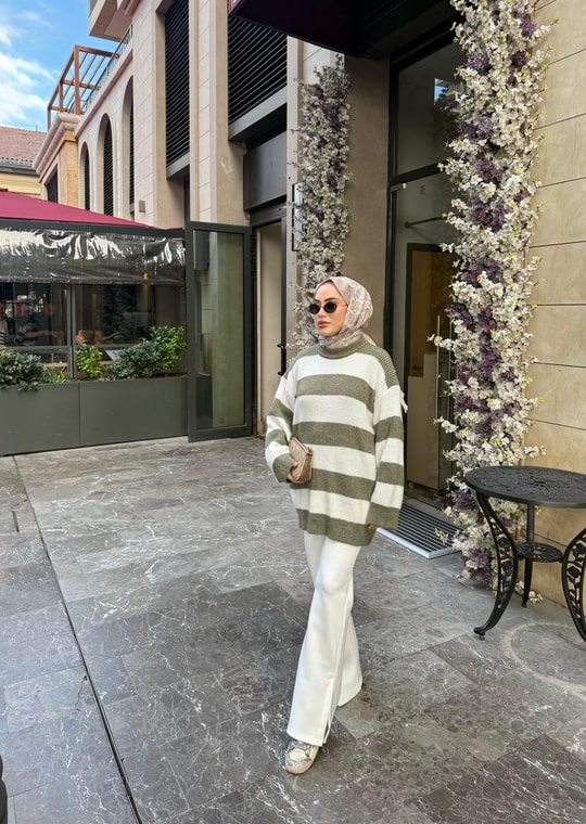KAZK-597H&R ButikMB-Eco Çizgili Triko Kazak Yeşil