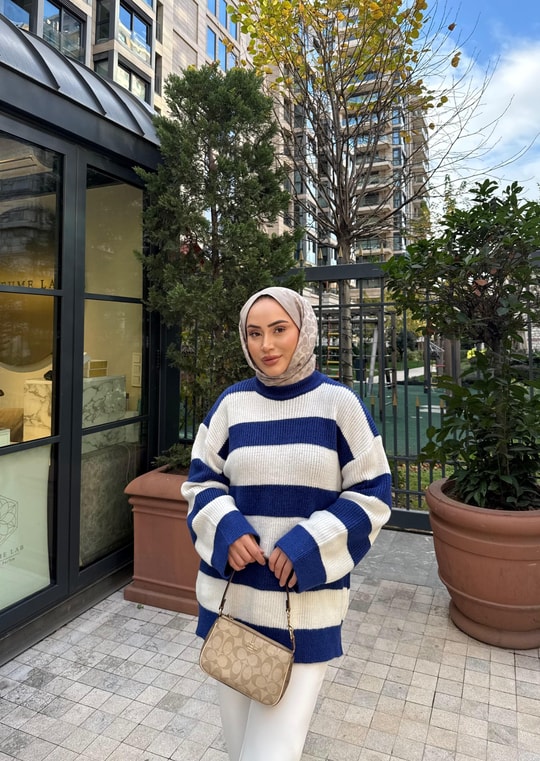 KAZK-599H&R ButikMB-Eco Çizgili Triko Kazak Lacivert