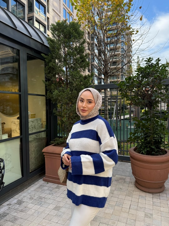 KAZK-599H&R ButikMB-Eco Çizgili Triko Kazak Lacivert