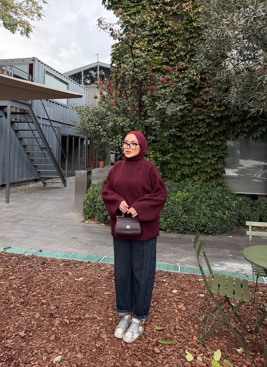 HR-3526H&R ButikMix- Wesi Kol Detaylı Triko Kazak Bordo
