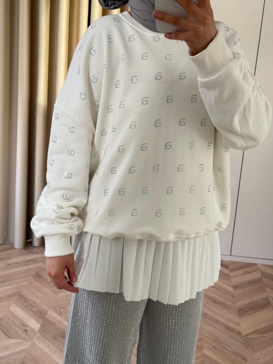 KAZK-629H&R ButikMuadil Harf Taşlı Sweat Beyaz